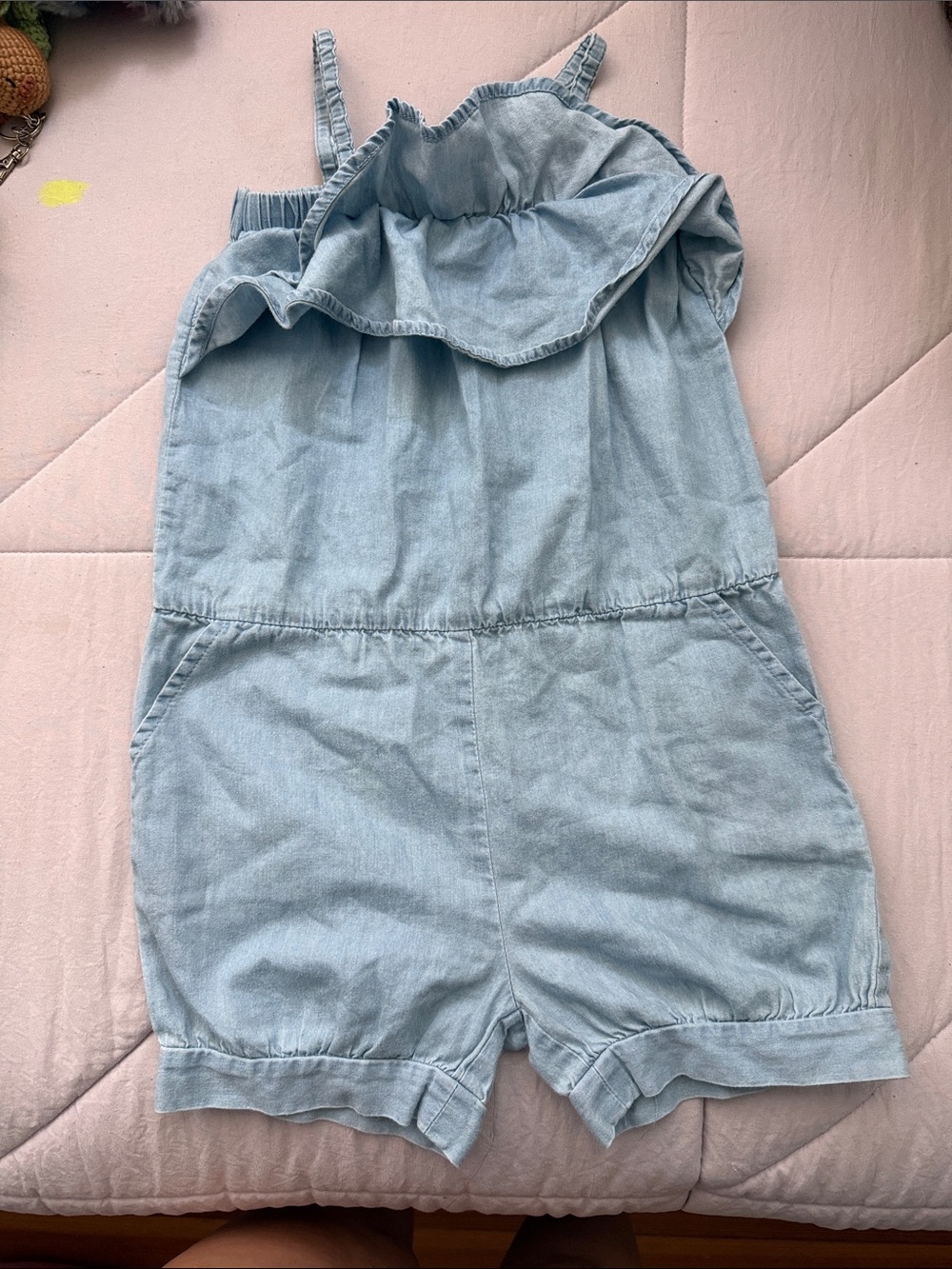Light Denim Girls' Romper with Ruffle Neckline